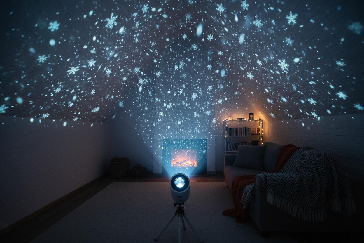 Projector LED de nieve iluminando un cuarto 
