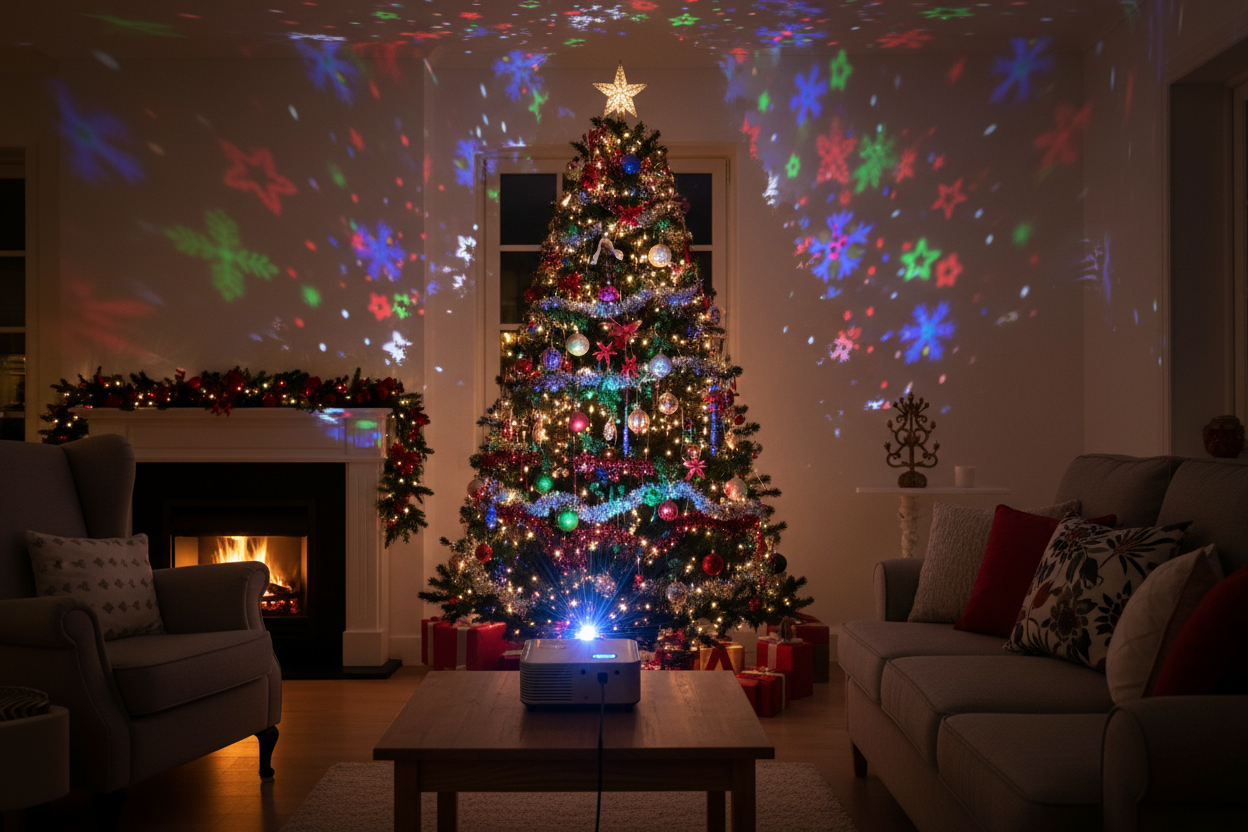 Projector LED Iluminando un árbol de navidad en un living room. Hazlo muy llamativo 